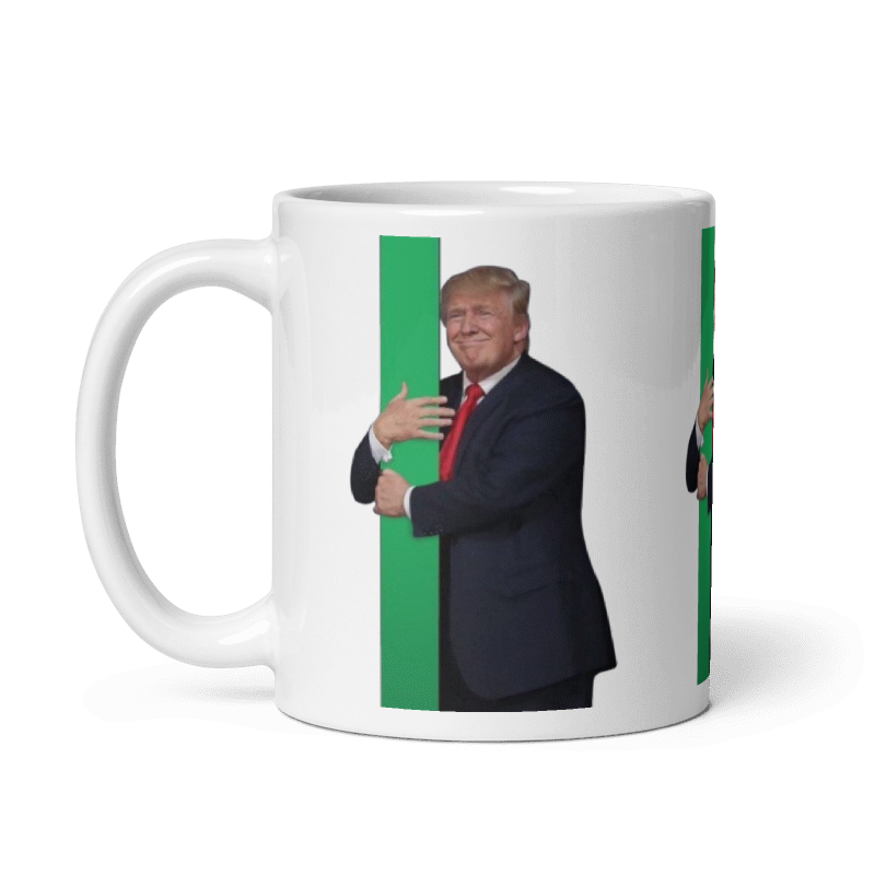 Image of Donald Trump gripping a green bitcoin candle, signifying a market pump, on, a sleek white glossy mug from Troll Social Club. Perfect for crypto enthusiasts and meme lovers