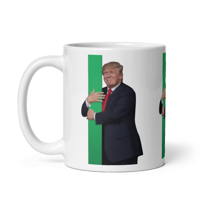 Image of Donald Trump gripping a green bitcoin candle, signifying a market pump, on, a sleek white glossy mug from Troll Social Club. Perfect for crypto enthusiasts and meme lovers