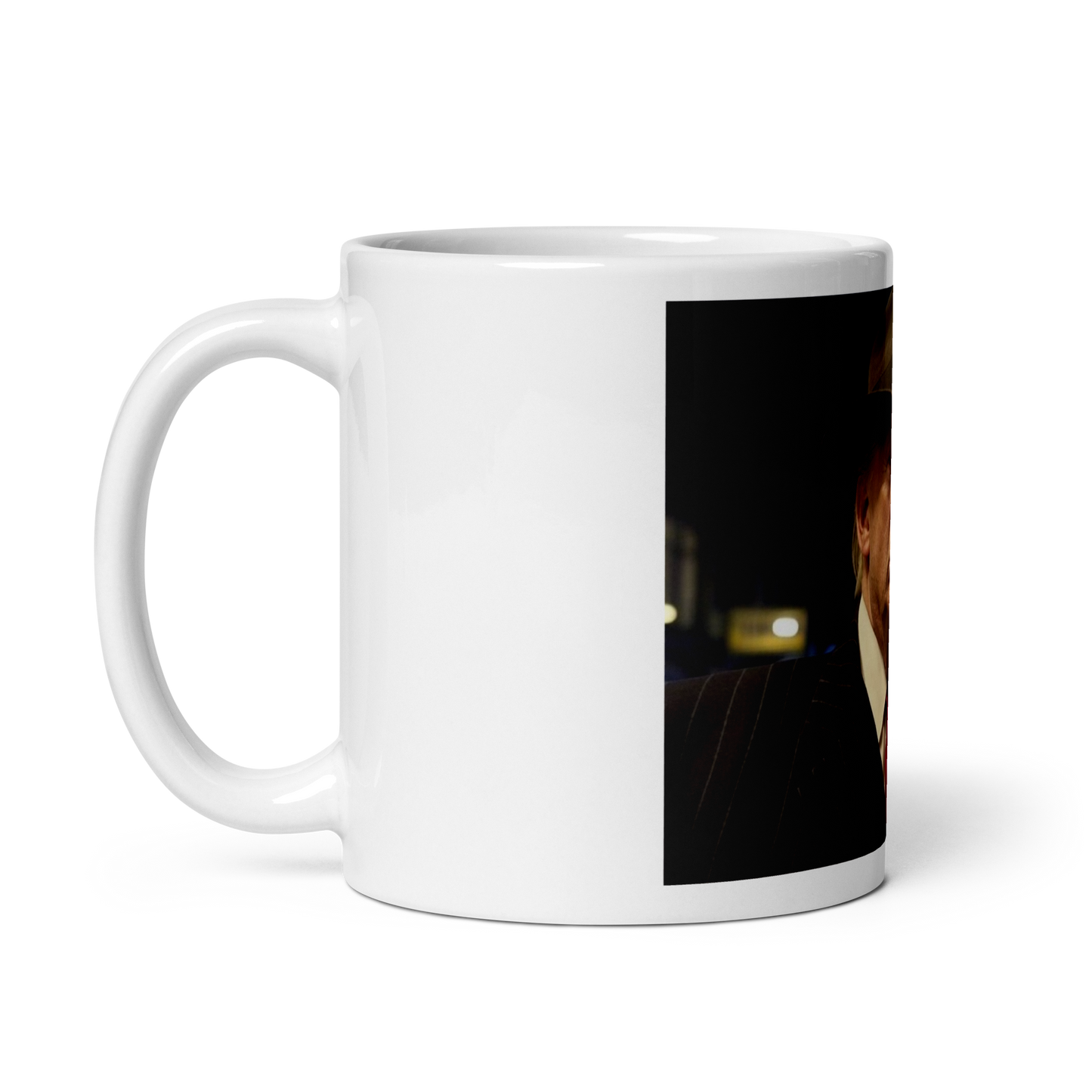 AI-generated image of Donald Trump as a gangster with a "FAFO" billboard on a white glossy mug left view