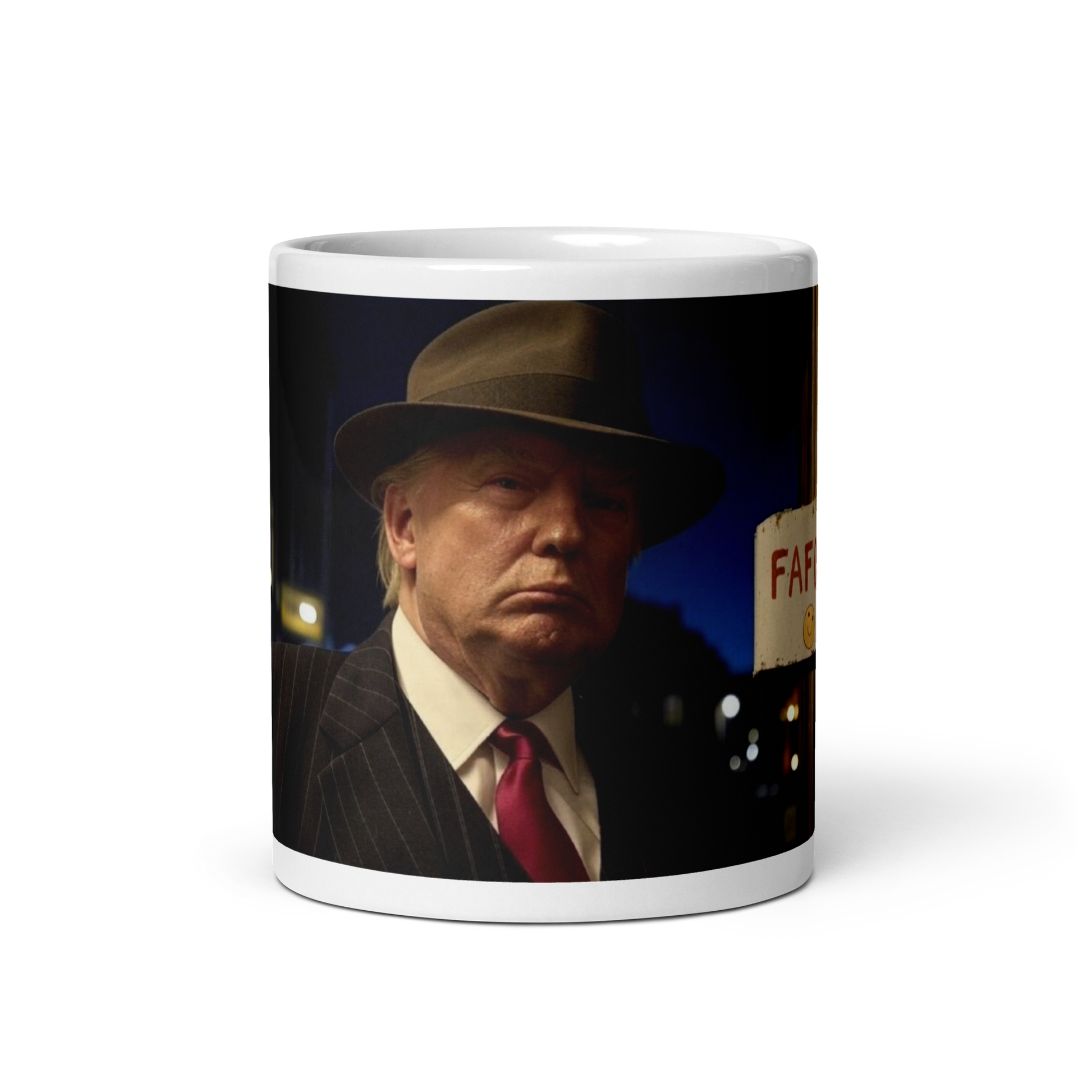 AI-generated image of Donald Trump as a gangster with a "FAFO" billboard on a white glossy mug