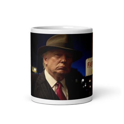 AI-generated image of Donald Trump as a gangster with a "FAFO" billboard on a white glossy mug