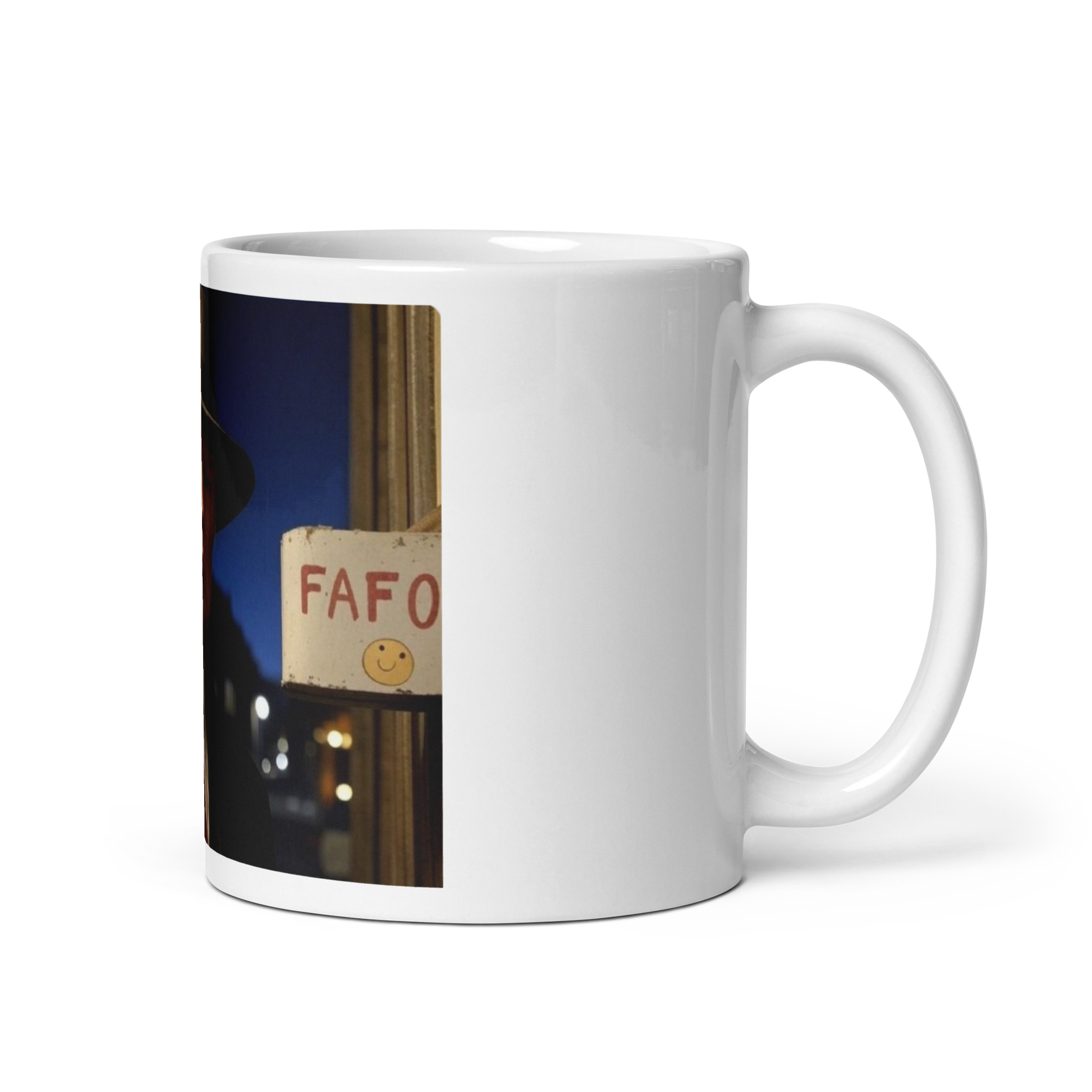 AI-generated image of Donald Trump as a gangster with a "FAFO" billboard on a white glossy mug right view