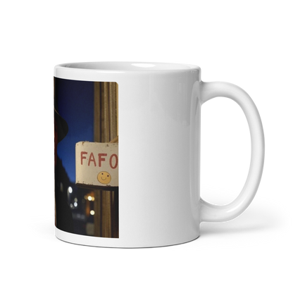 AI-generated image of Donald Trump as a gangster with a "FAFO" billboard on a white glossy mug right view