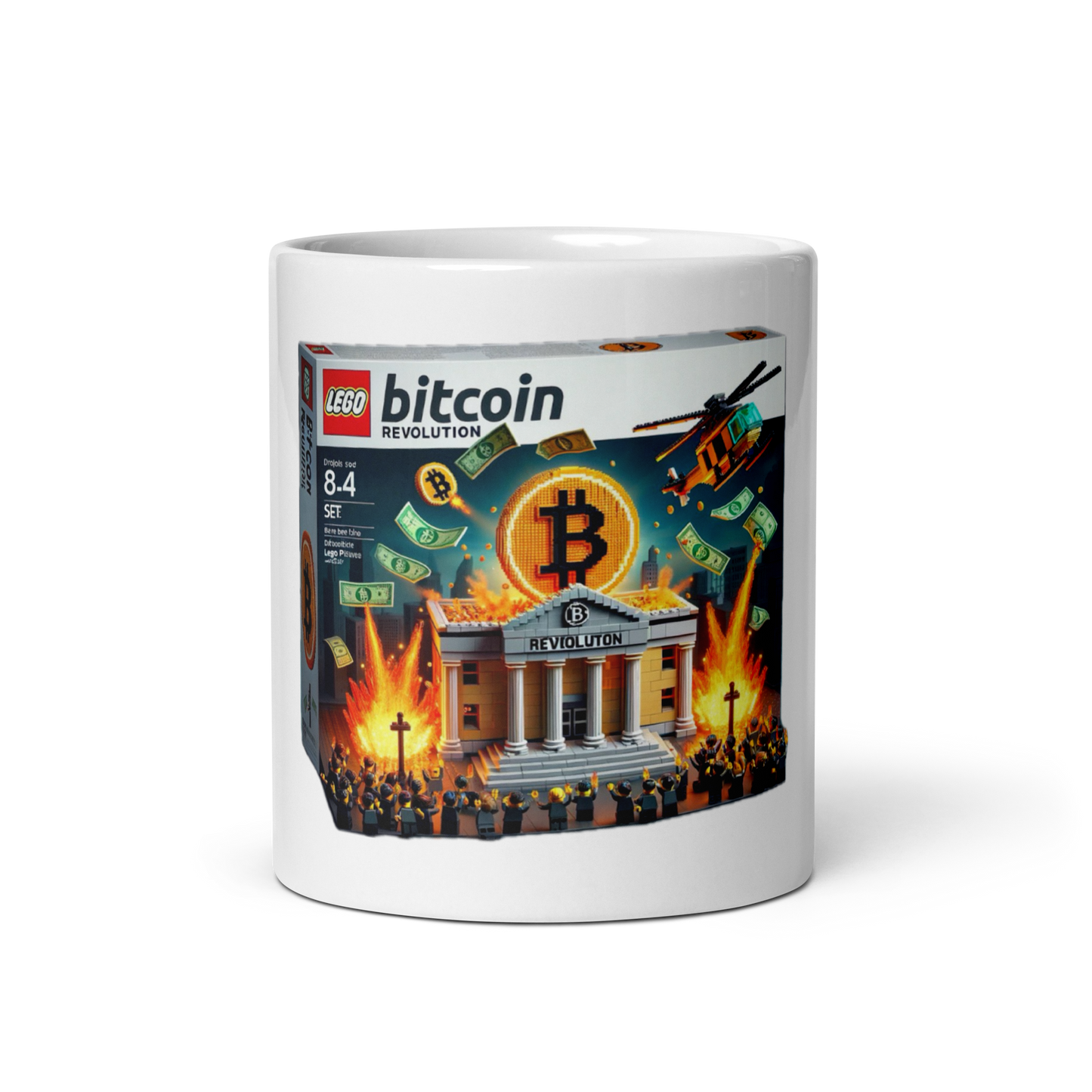 Image of an AI-crafted Lego toybox meme where Bitcoiners launch an assault on the traditional banking system, on a glossy white mug! Perfecto for Bitcoin lovers.