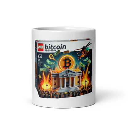 Image of an AI-crafted Lego toybox meme where Bitcoiners launch an assault on the traditional banking system, on a glossy white mug! Perfecto for Bitcoin lovers.