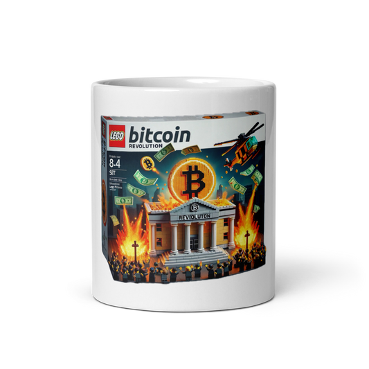 Image of an AI-crafted Lego toybox meme where Bitcoiners launch an assault on the traditional banking system, on a glossy white mug! Perfecto for Bitcoin lovers.