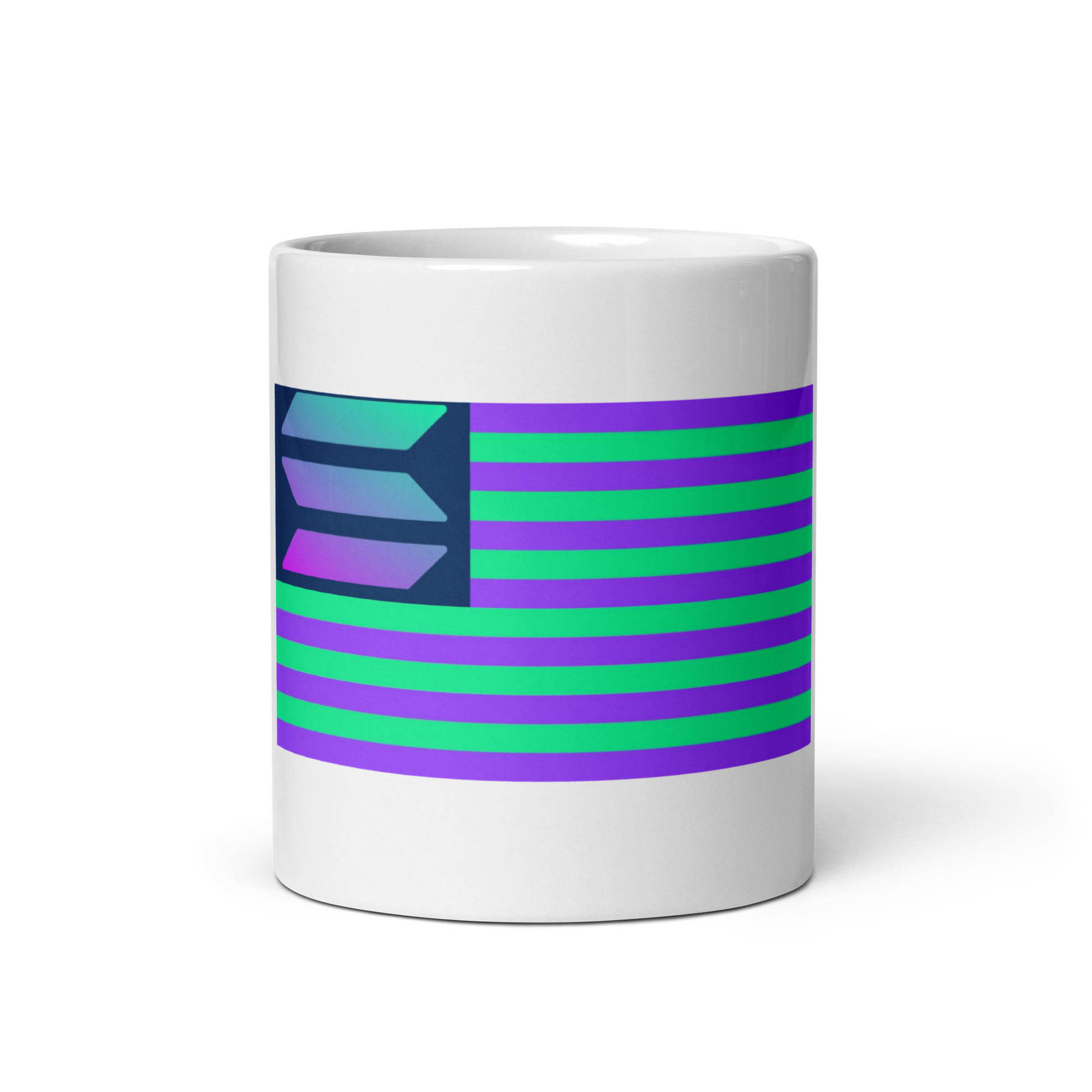 Image of the Stars and Stripes flag, but with a twist - Solana's green and purple stripes, with the SOL logo where the stars should be, on a glossy white mug! Perfecto for Solana and Trump supporters.