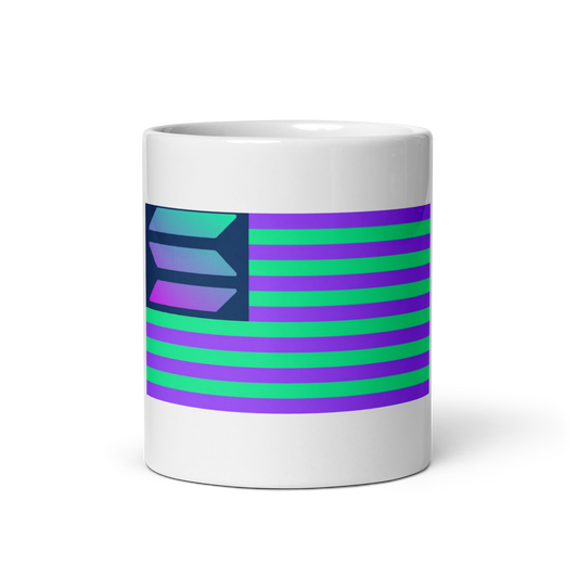 Image of the Stars and Stripes flag, but with a twist - Solana's green and purple stripes, with the SOL logo where the stars should be, on a glossy white mug! Perfecto for Solana and Trump supporters.