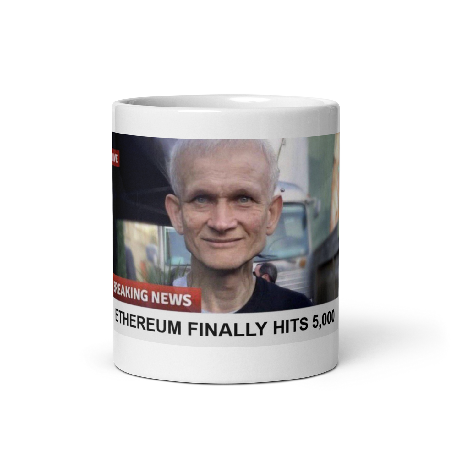 A humorous mug design from Troll Social Club featuring a mock news broadcast with the headline "Ethereum Finally Hits 5,000" and an artistic depiction of an aged Vitalik Buterin, playfully mocking the slow market performance of Ethereum by suggesting it took so long to reach this milestone that Vitalik has grown old.